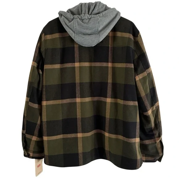 Levi’s Green Plaid Cotton Shirt Jacket With Hoodie Medium